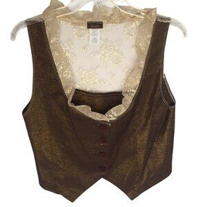 Janette Vest Womens Large Brown Gold Metallic Lace Ruffle Button Front Top
